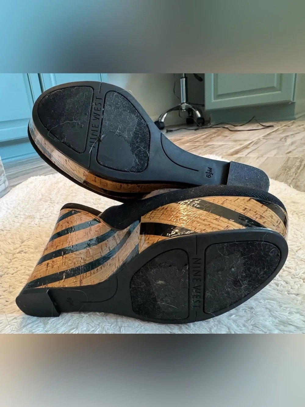 Nine West Black Fabric Slingback Wedges with Cork Stripe Platform